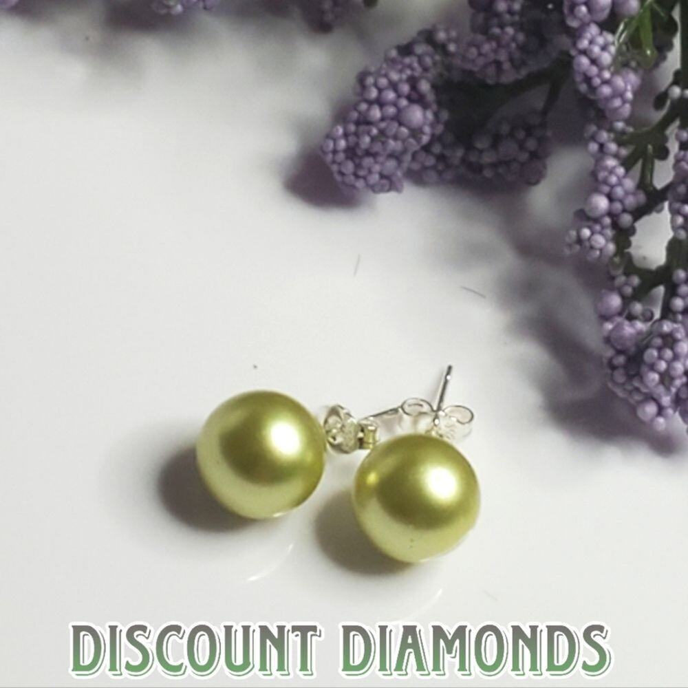 Light Green 10mm South Sea Shell Pearl Stud Earrings on 925 Silver